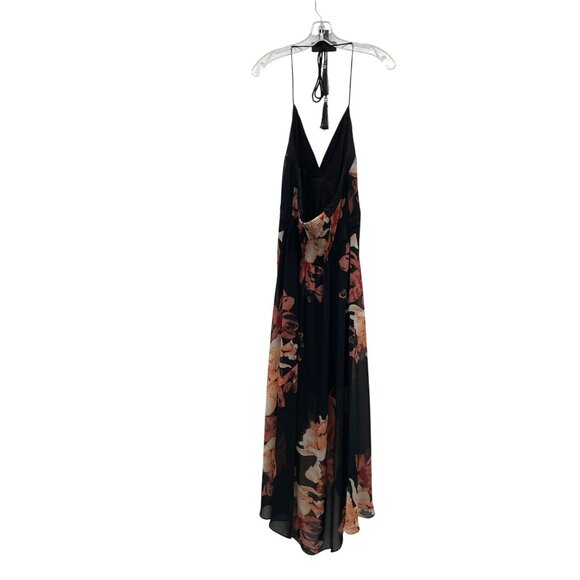 WHBM Floral Hi Low Slip Dress Halter Tie Neck Black/Multi Size 12 Tassels - Picture 7 of 8